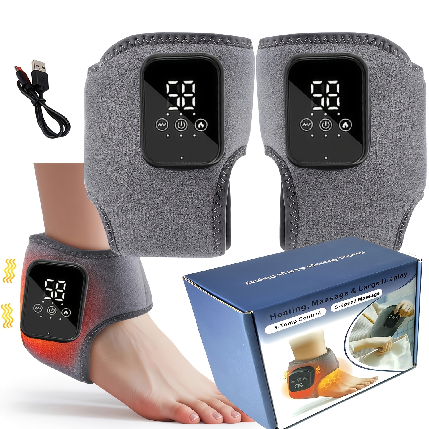 TEMU Portable Electric Foot Heating And Massage Device, Heated Ankle Pad With Heating Function 3 Heat Levels And 3 Vibration , Timed And Touch Screen, Suitable For Feet, Ankle