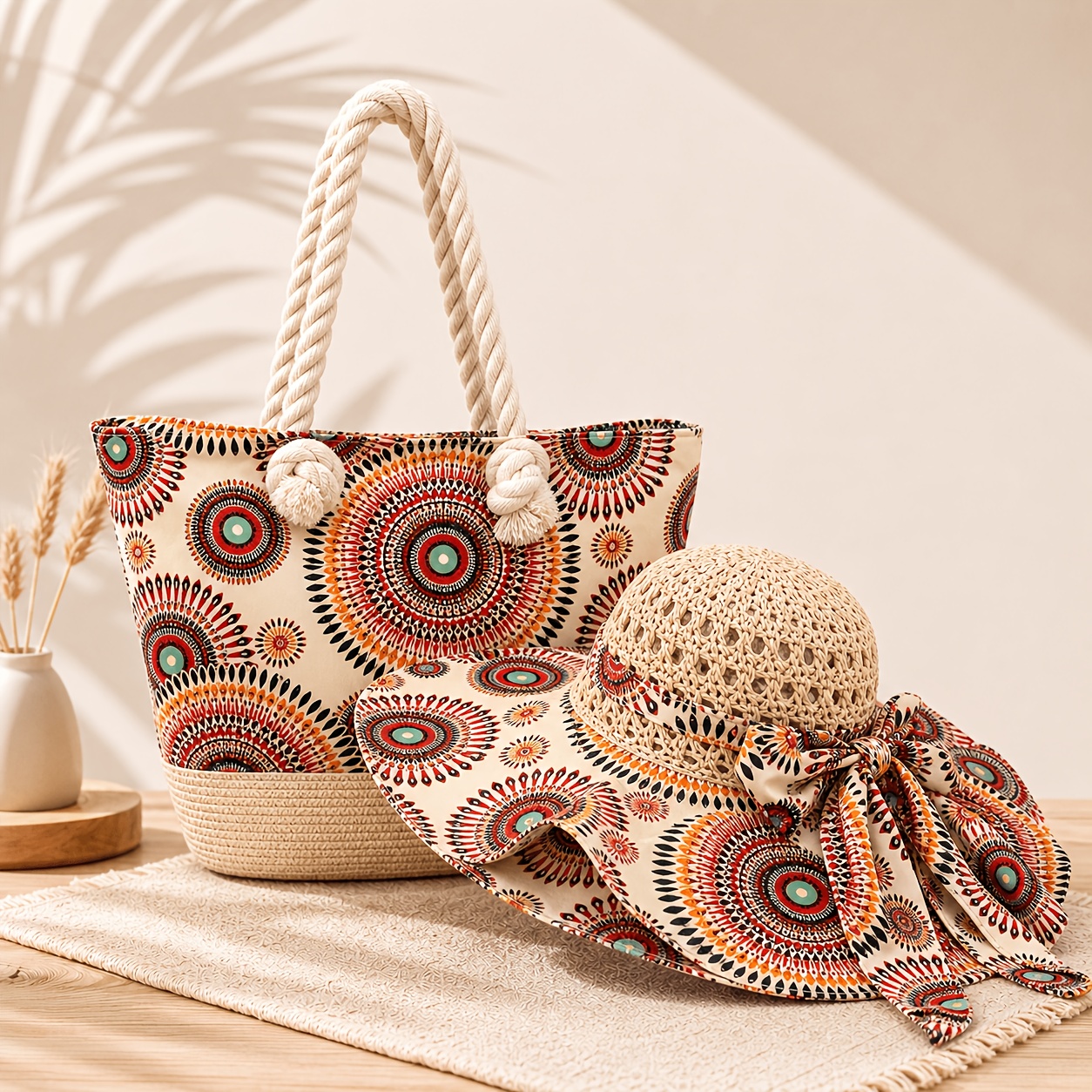 Image of Bohemian Print Straw Woven Bag Hat Two-piece Set, Coarse Rope Tote Bag, Large Capacity Beach Bag, Bow Tie Strap, Sunshade Wide-brimmed Hat