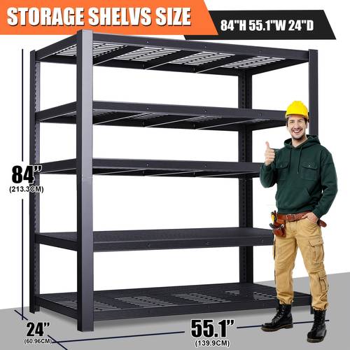 sturdy 5 tier metal shelving unit designed for garages measuring 55 inches in width 84 inches in height and 24 inches it features adjustable storage shelves with a capacity of 3300 easy to assemble storage racks