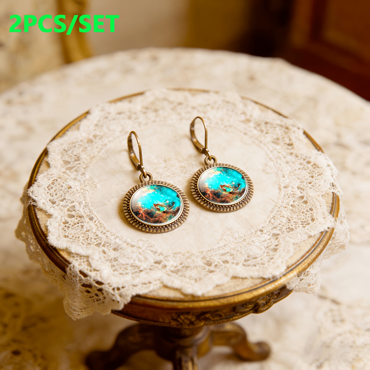 2pcs Classic Cyan Pendant Earrings with Cosmic Nebula Design