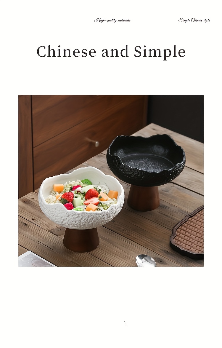 1pc Wooden Foot Ceramic High Fruit Plate, Multi-Functional Ceramic Bowl, Chinese Creative Tea Heart Plate, Nut Cake Fruit Dessert Plate, Suitable for Tea Rooms, Restaurants, Hotels And Families