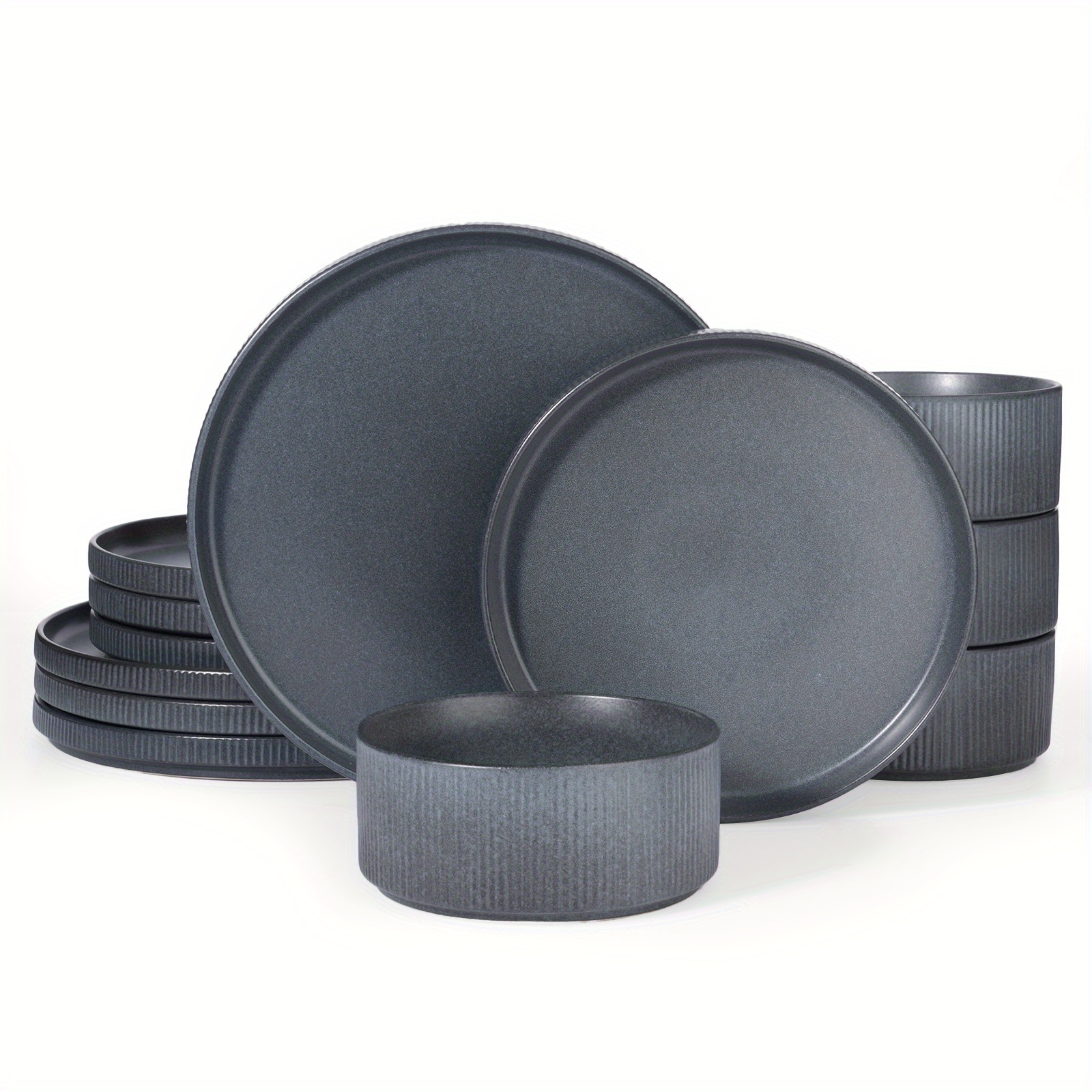 12pcs Stoneware Dinnerware Sets, Round Plates And Bowls Set For 4, Ribbed, Dishwasher And Microwave-safe, Cappuccino White