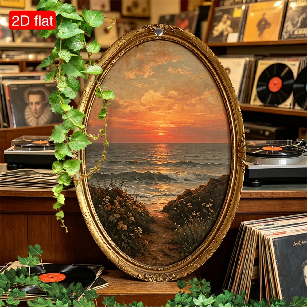 TEMU 2d Flat Beach Sunset Oil Painting, , 1pc, Suitable For Home, Living Room, Kitchen, Bedroom, Office, Desktop Or Wall Hanging Decoration, Oval