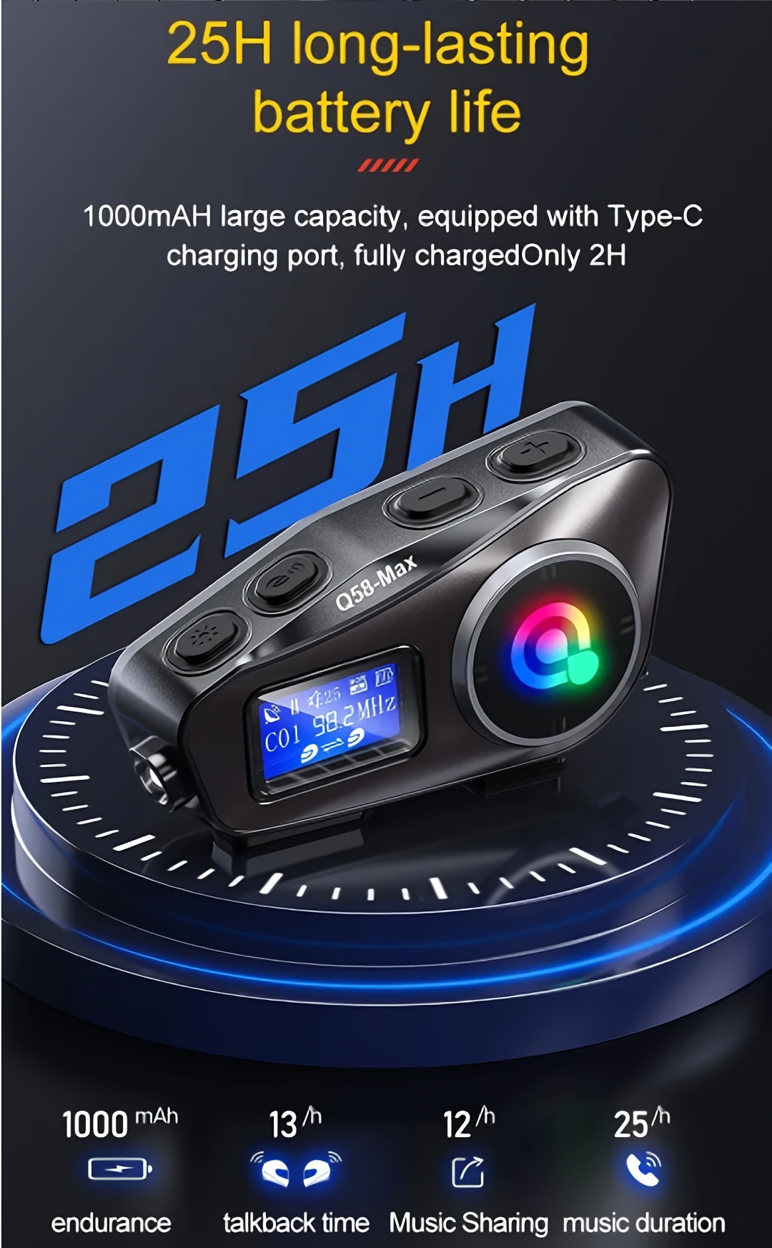 Dispositivo de comunicación para casco de motocicleta Q58-MAX, intercomunicador inalámbrico 5.3, 500M, con intercomunicador Moto, función de compartir música y pantalla LCD
