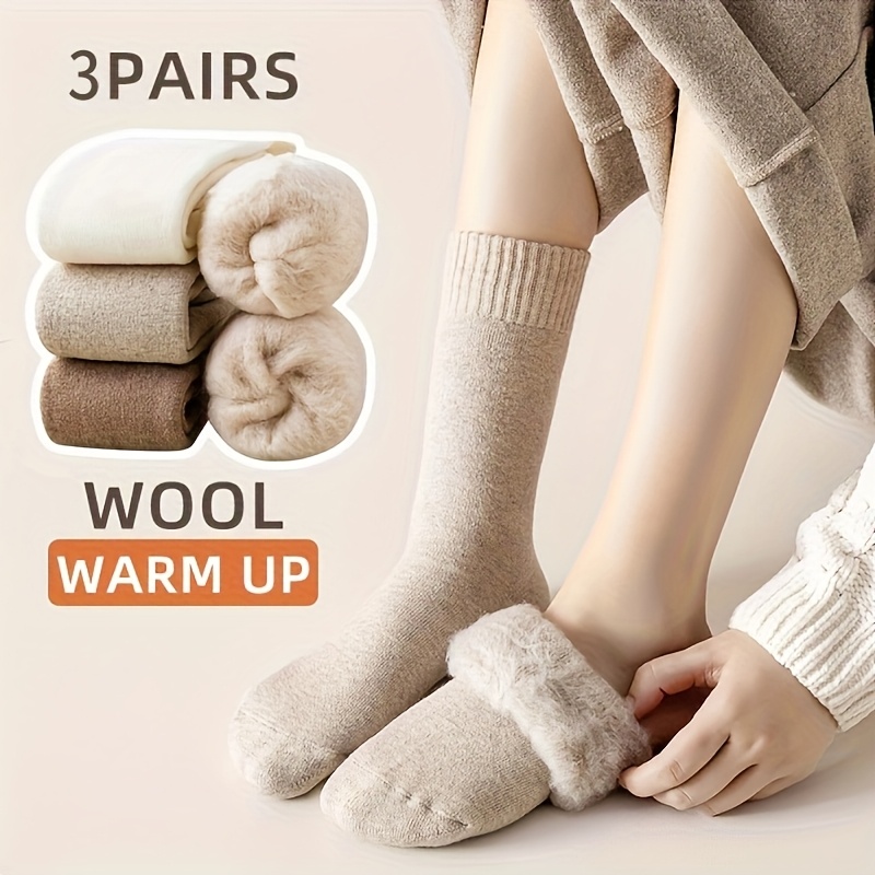 

3pcs Cozy Fleece- Women's Socks - & Warm Mid-calf Home Floor Socks, Elegant Ribbed Detail, Machine Washable In , White, Brown, Cute Socks