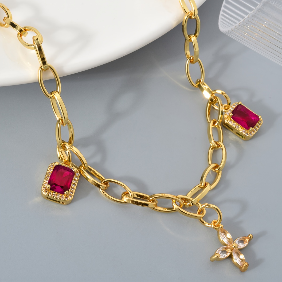 Adjustable Copper Necklace with Four Leaf Clover & Red Cubic Zirconia Pendant