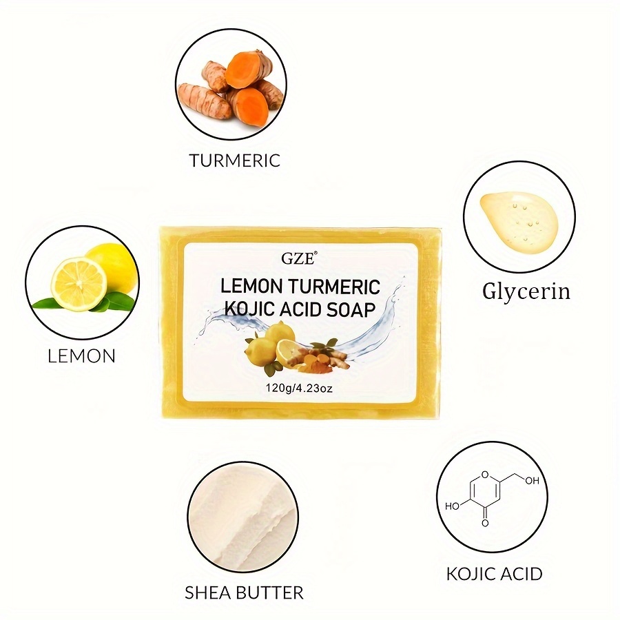 Sabonete de Limão, Açafrão e Ácido Kójico de 120g, com Manteiga de Karité, Sabonete de Banho de Limpeza Corporal, para Tornar o Tom da Pele Mais Uniforme e Restaurar o Brilho Saudável, Rejuvenescedor e Esfoliante para a Pele detalhes 0