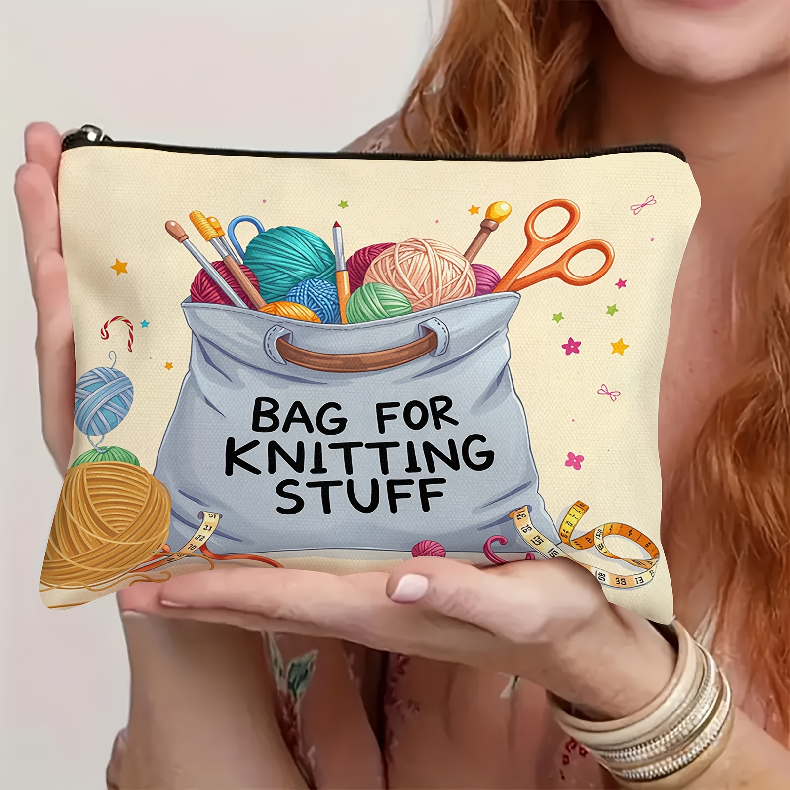TEMU BORSA per MATERIALI DA MAGLIA" Borsa Trucco Originale - Stampa Colorata di Filati e Attrezzi per Creazioni, Borsa Cosmetici a Tema Maglia con