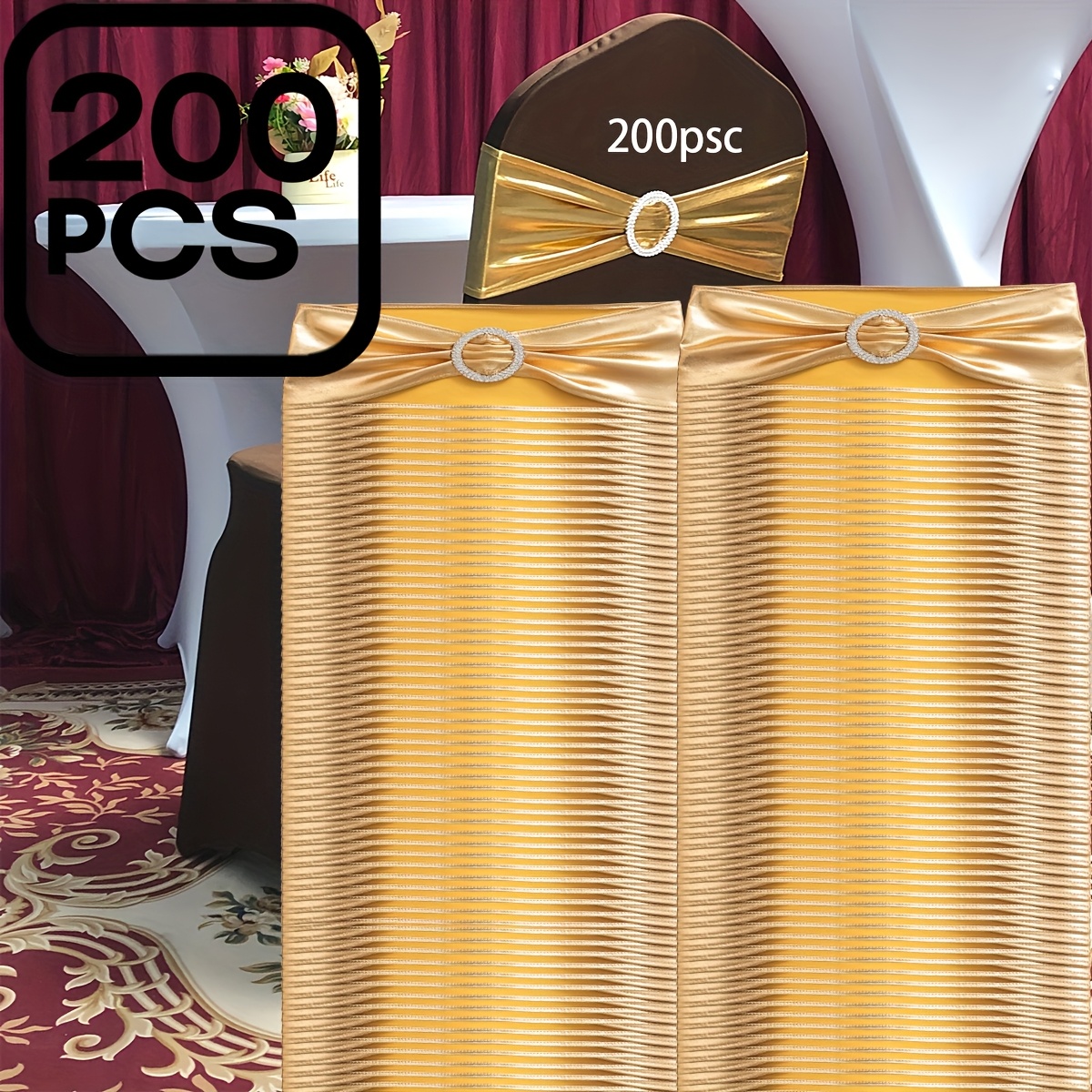 TEMU 200 pièces Bandeaux de Chaise en Lycra Doré Métallisé, Élastiques pour Chaises, Nœuds pour Chaises Chiavari, Idéal pour Anniversaires, Mariages,