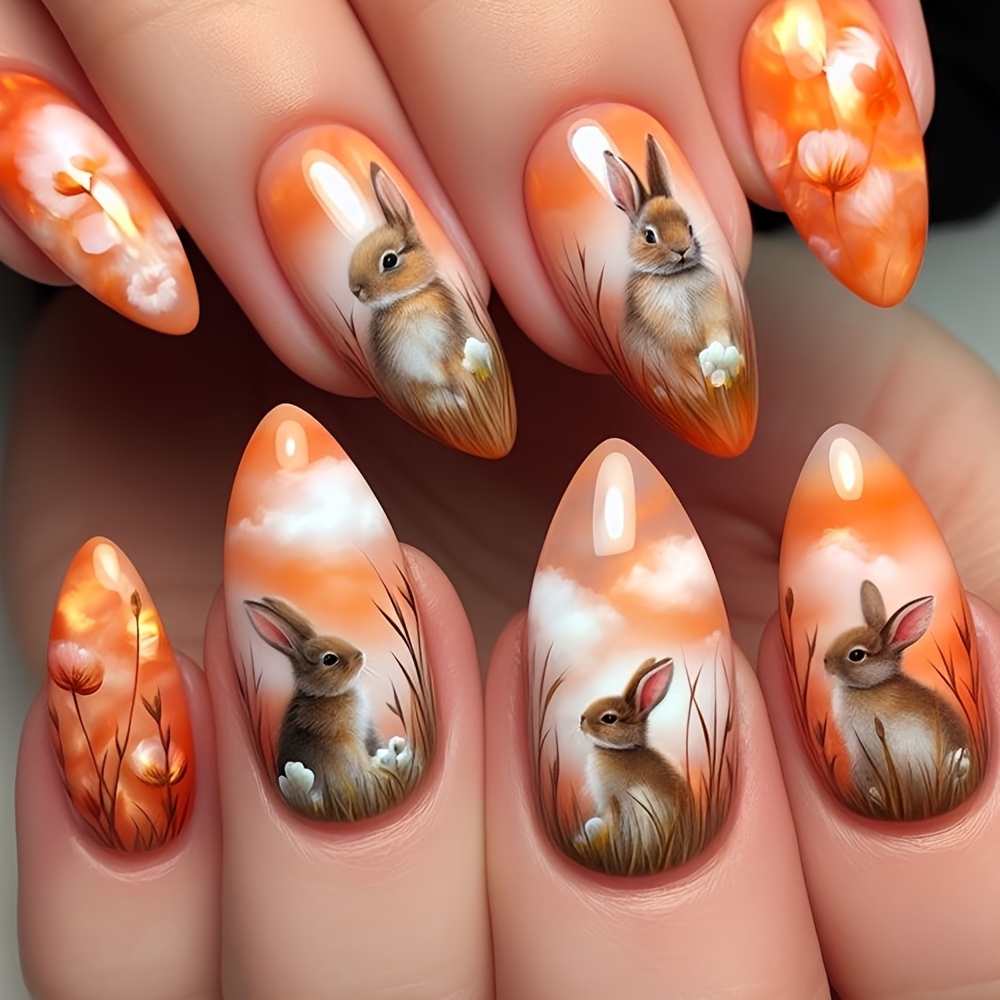 

24pcs Aesthetic Press-on Nails Set, Orange & White With Rabbit & Floral Sunset Design, , Medium Length, , Reusable False Nails For Women