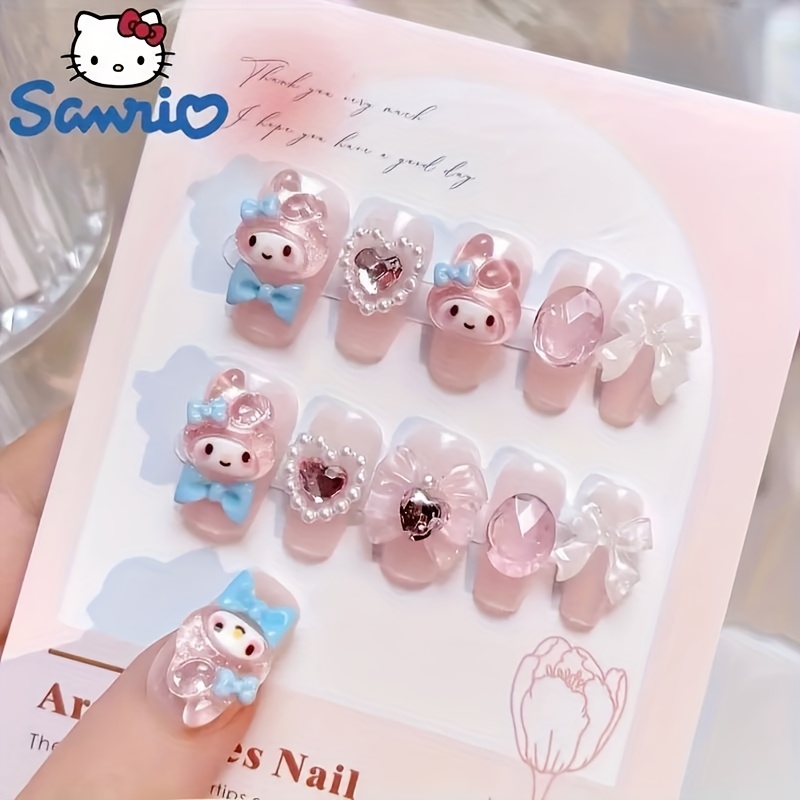 E-shop Sanrio 24 Stück Dopamin Tragbare Nägel Press-On Nägel, Niedliche Cartoon Kawaii Meloday Kunstnägel mit Nagelsteinen, Nagelkunst-Anhänger,