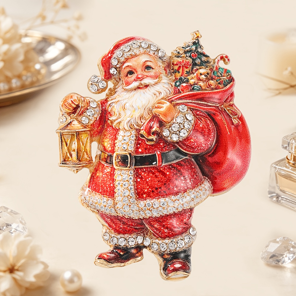 TEMU Broche en émail de Père Noël, Pin de Père Noël incrusté de strass, Cadeau d'accessoire de mode de Noël