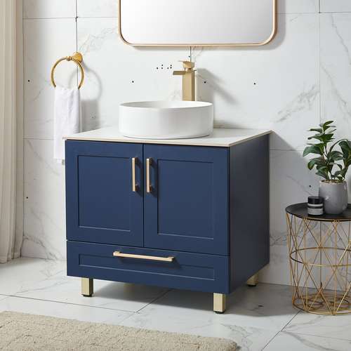 30 Freestanding Bathroom Vanity with Sink Combo - Navy Construction & Golden Metal Hardware, White Countertop & Sink, Double Door Cabinets + Drawer Storage, Floor-Mounted Bath Vanity Cabinet (No Plumbing Required) for Modern Bathrooms, Bathroom , Bathroom Dresser, Bathroom Closet, Bathroom Cupboard, Bathroom Wardrobe, Bathroom Cupboards, Closet For Bathroom, Bathroom Room, Bathroom Pantry, Bathroom Storage Furniture, Bathroom Storage Tower With Drawers,