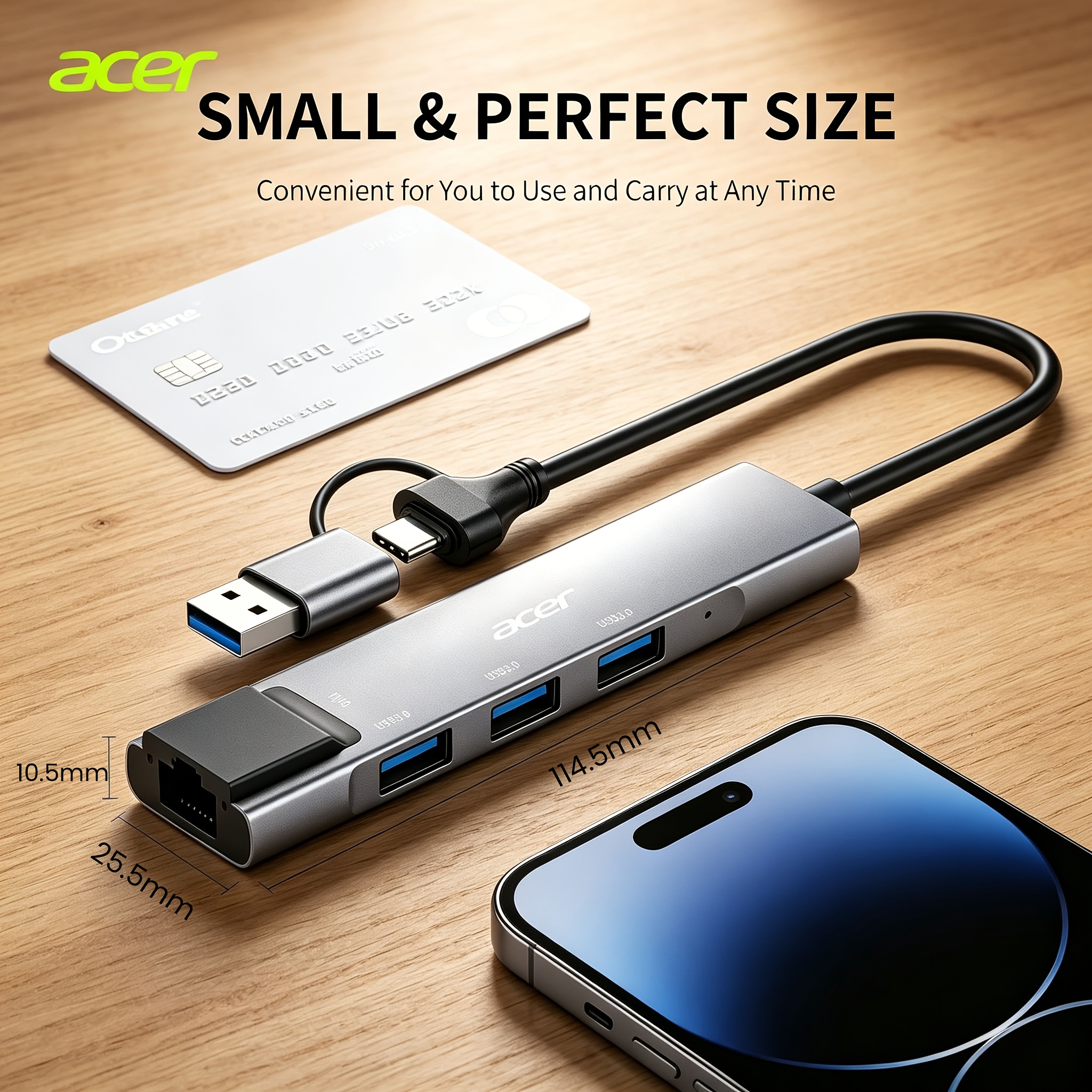 TEMU Acer Portable Usb Multiport Adapter, Usb A/c Dual Plug, Usb3.0 With Rj45 Lan Port, High Speed, Ideal For Home, Office, Laptops And Pc Additions