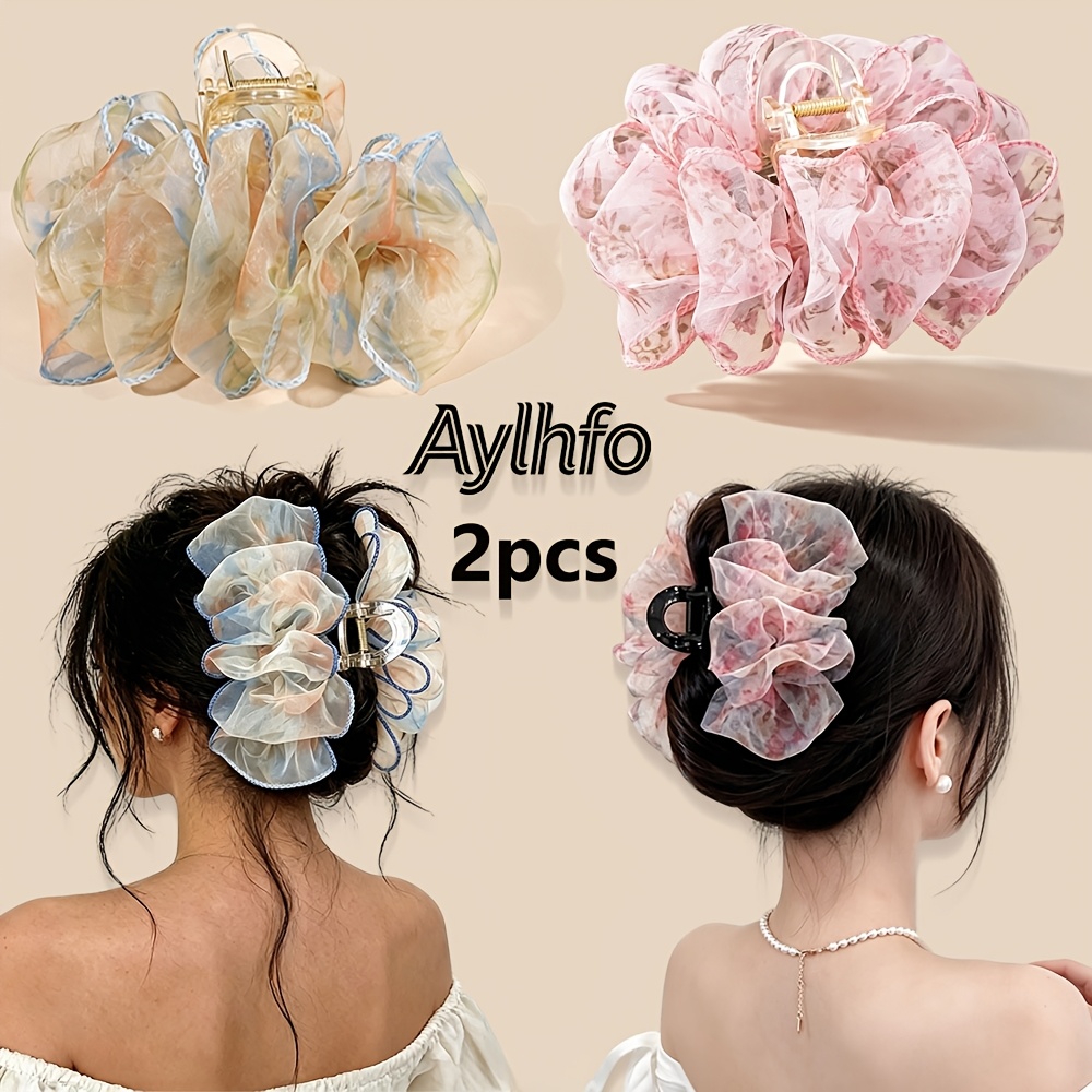 TEMU Aylhfo 2pcs Autumn New Arrivals Oversized Organza Flower Hair Claw Clip, Vintage Floral Print Sheer Mesh Shark Hair Clip, Large Volume Non Slip