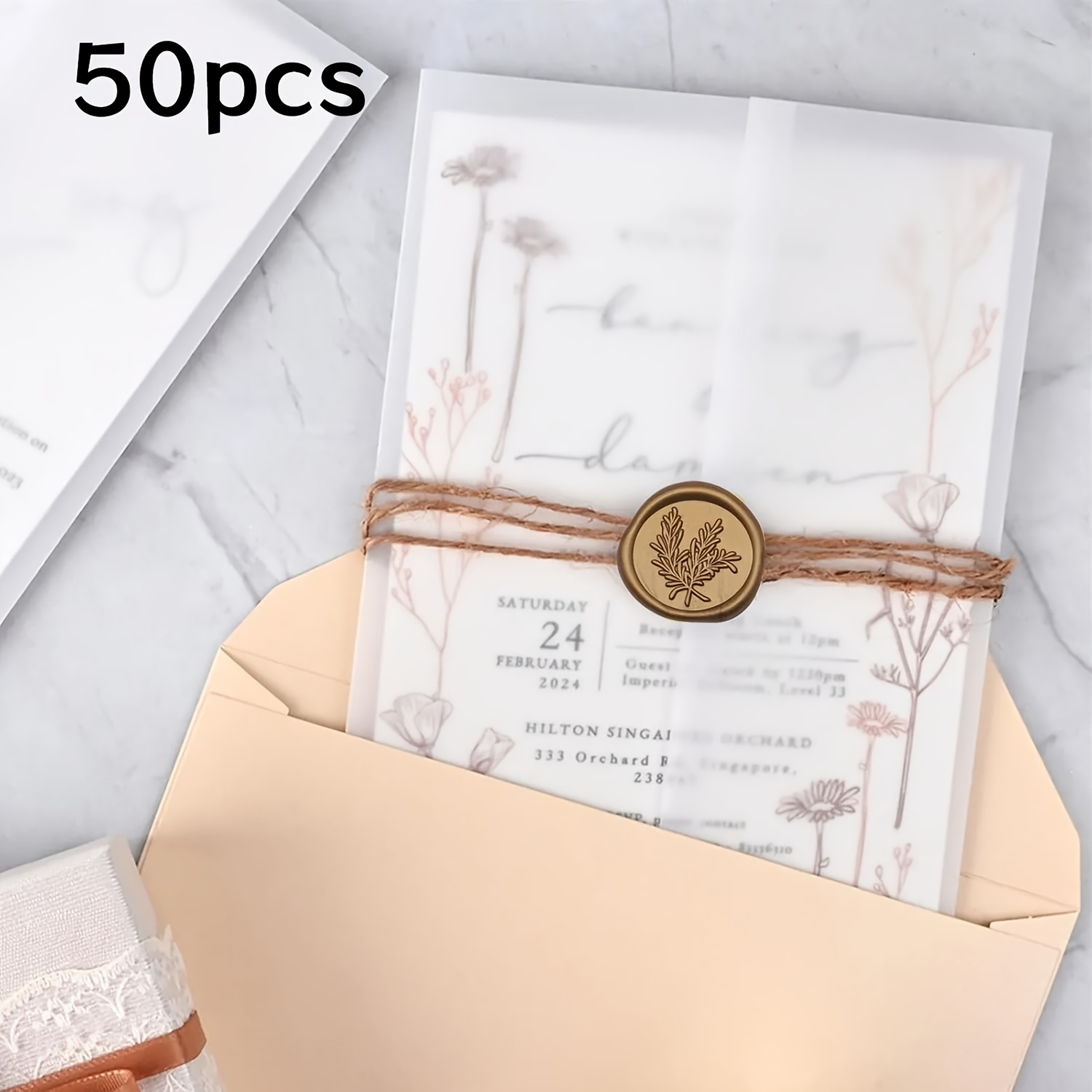 E-shop 50er-Pack Vellum-Jackets – Halbtransparente Fenster, Elegante Einladungshüllen für Hochzeiten, Party & Formelle Anlässe, Kompatibel mit den