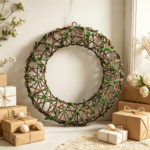 Artikelbild . rattan-kranz mit künstlichen grünen blättern, für weihnachtsdekoration, frühlingsdekoration, hochzeits-hängeornamente, bastelrahmen, haustür- und wanddeko für wohnung