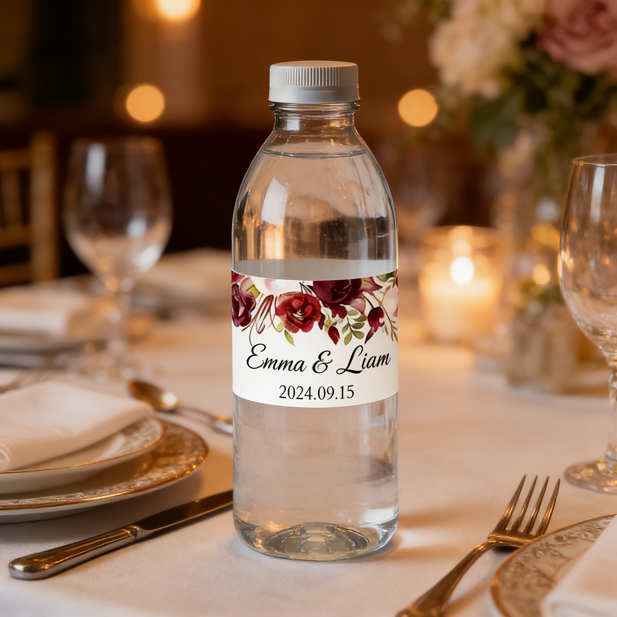 TEMU 24 Custom Waterfles Etiketten, Aanpasbare Tekst, Makkelijk te Gebruiken Zonder Gereedschap, Met Diverse Roos Decoratieve Etiketten voor
