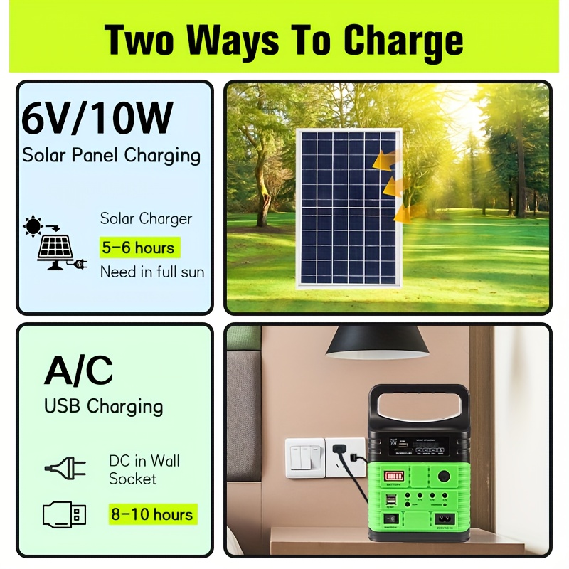portable solar generator kit 10000mah lithium battery + 10w solar panel | 3 led lights included | usb 5v 2a +   3.7v outputs lighting & charging| emergency backup, camping, outdoor Product details 2