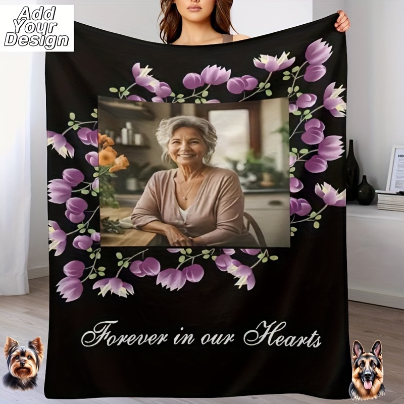 

1pc, Custom Memorial Warm Blanket In Loving Memory, Purple Flowers Personalized Blanket With Photo, Customized Funeral Sign Memorial Gifts For Loss Of Relatives, Forever In Our Hearts