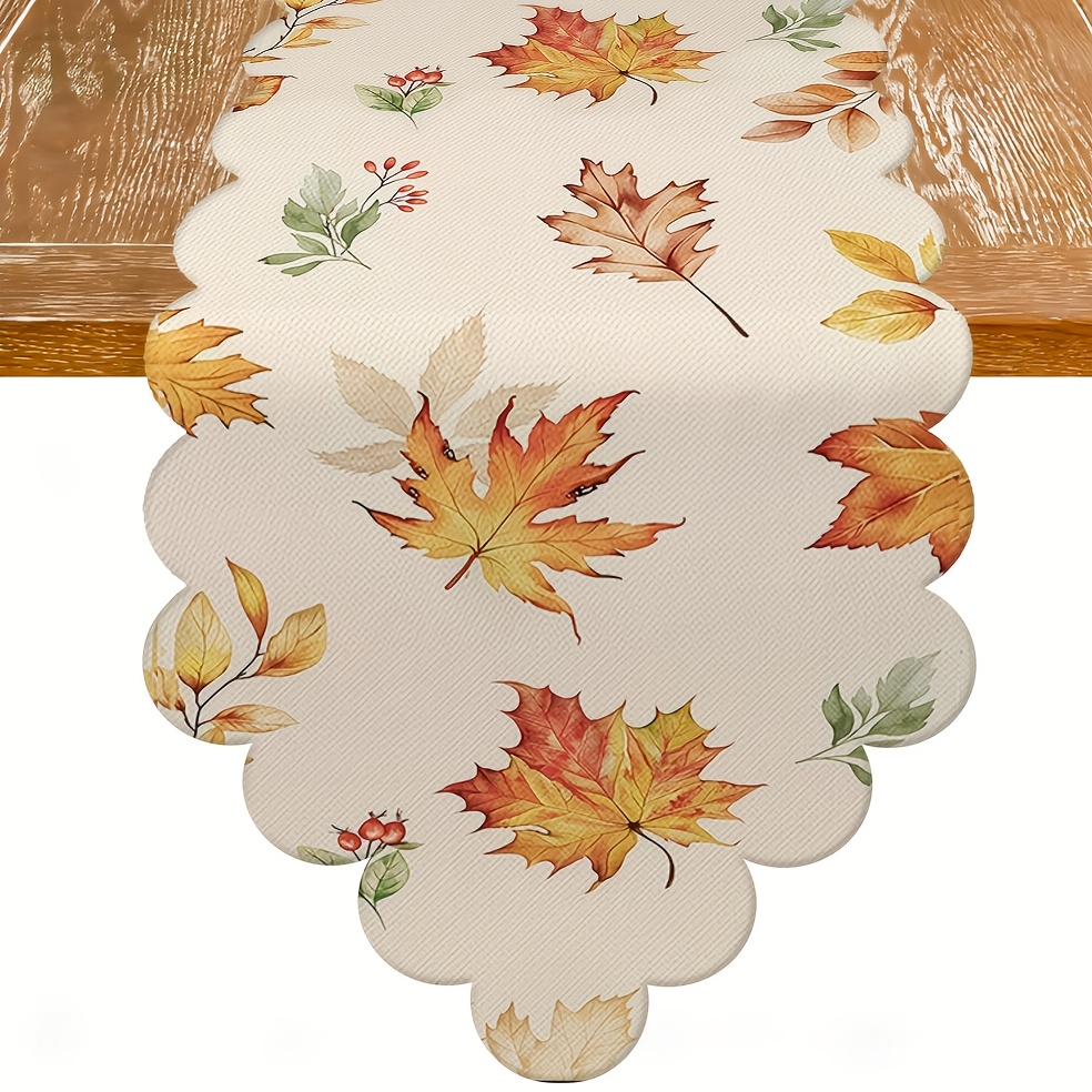 TEMU 1pc Autumn Watercolor Maple Leaf Berry Themed Scalloped Pointed Table Runner, Neutral Tone Print, Farmhouse Style, For Indoor Table Decor