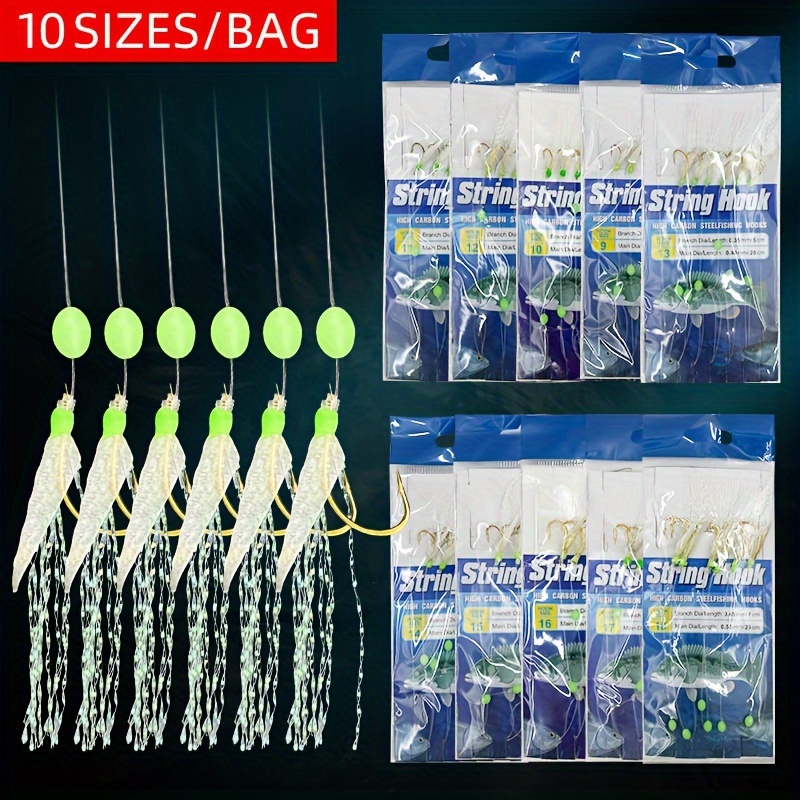 

10sizes/bag Rigs Saltwater 6 Hooks Skin String Hook Mackerel Feathers Fishing Lures