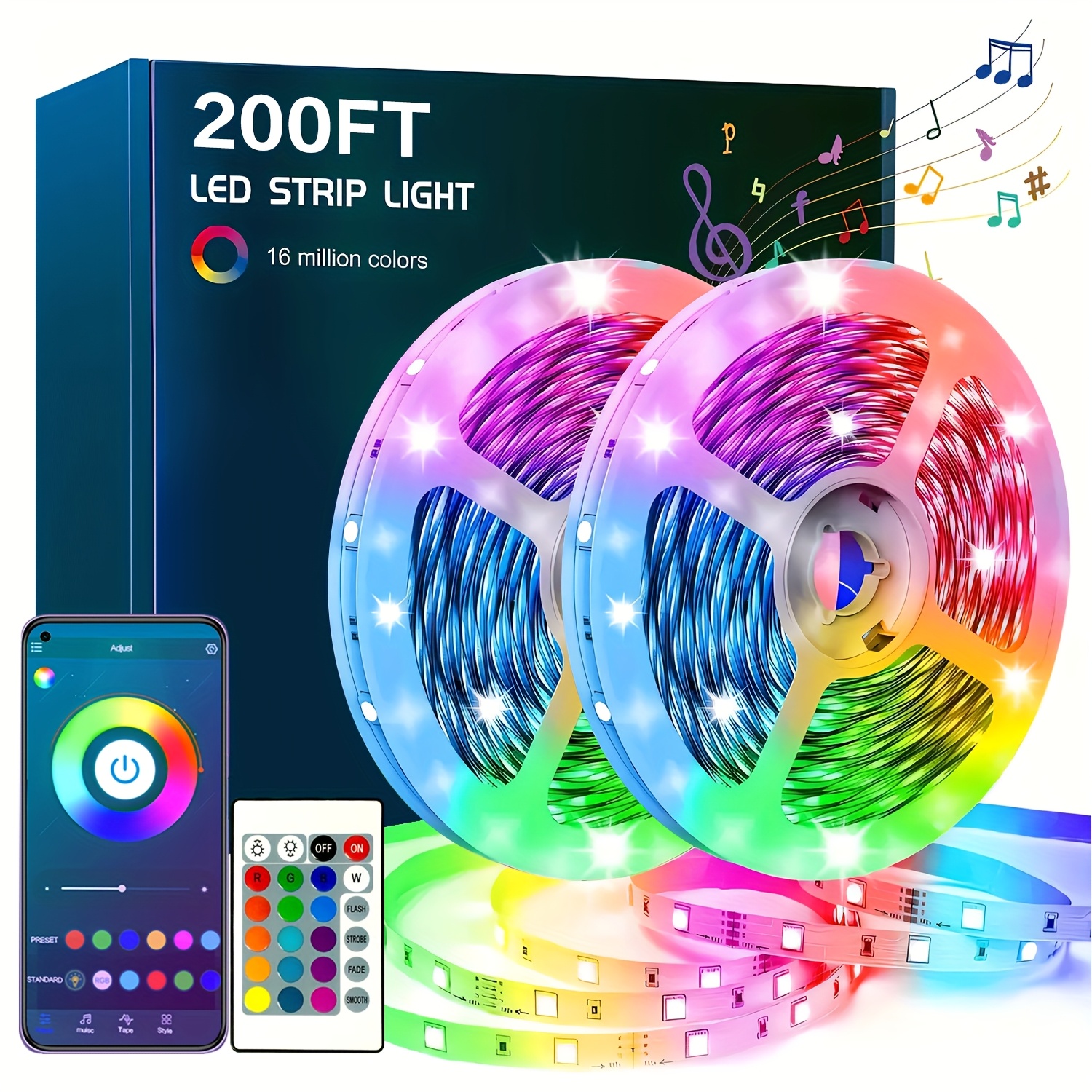 

Led Light Strip 200ft (two Rolls 100ft ) Smart Led Light Strip, With App Control Remote Control, Rgb Music Light, Suitable For Bedroom, Party Supplies, Home Holiday Decoration