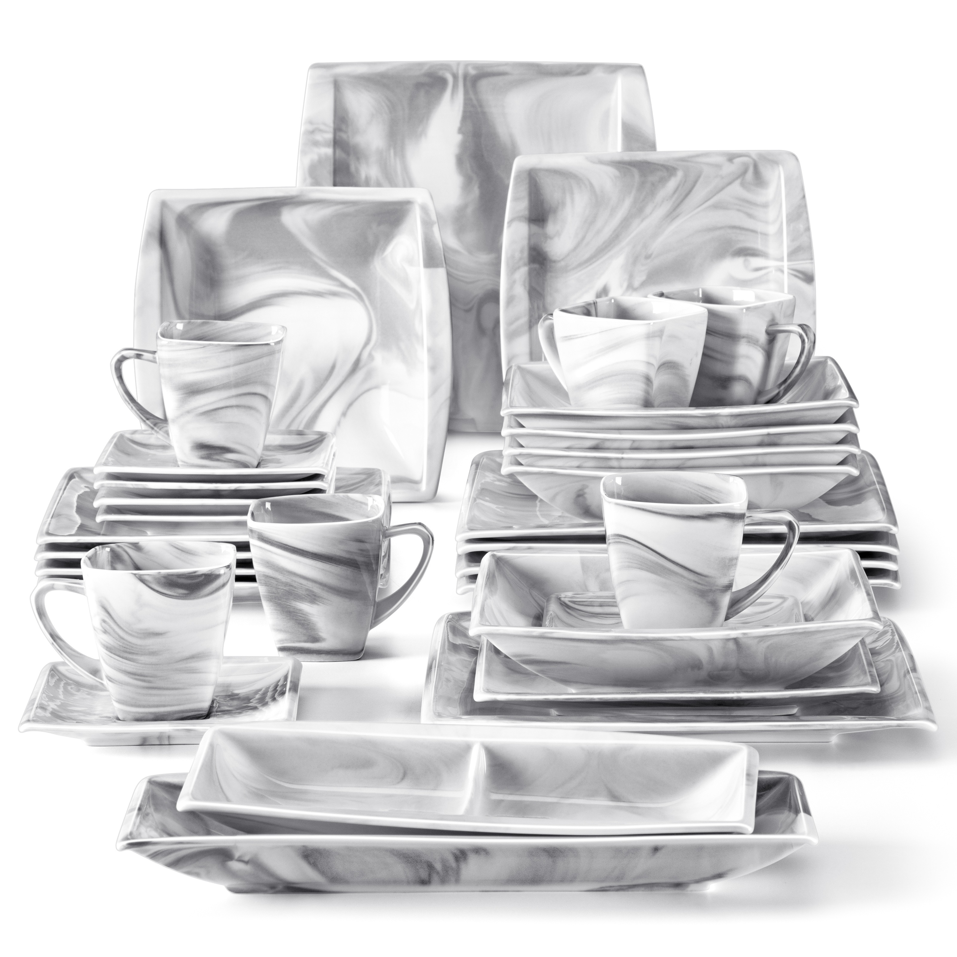 Image of Dinnerware Sets, 32pcs Porcelain Plates And Bowls Sets For 6, Marble Grey Dishes With Plates And Bowls, Cups And Saucers, Plates, Square Dinner Set, Dishwasher And Microwave Safe, Handmade