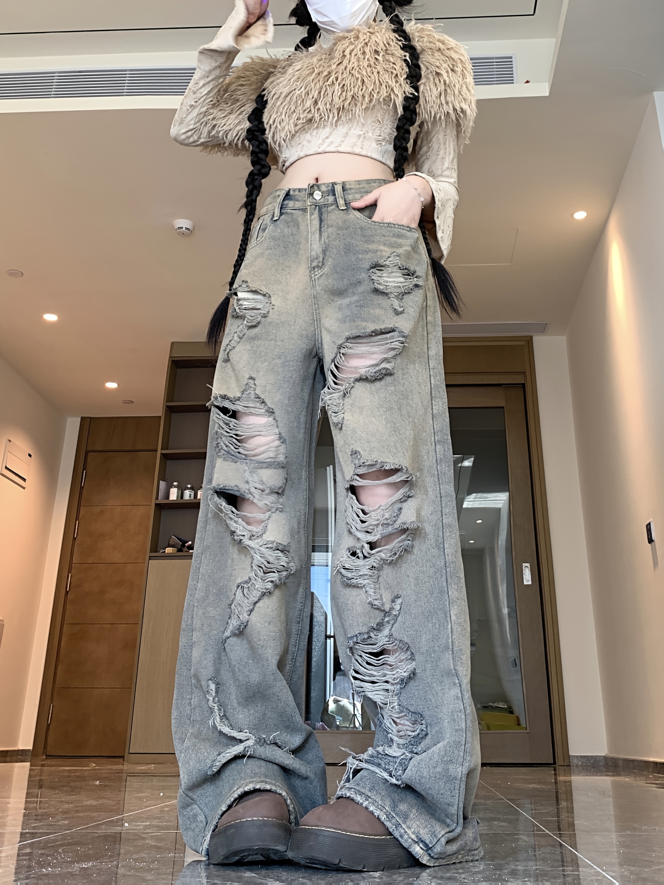 k2345 womens distressed high waisted straight leg jeans post