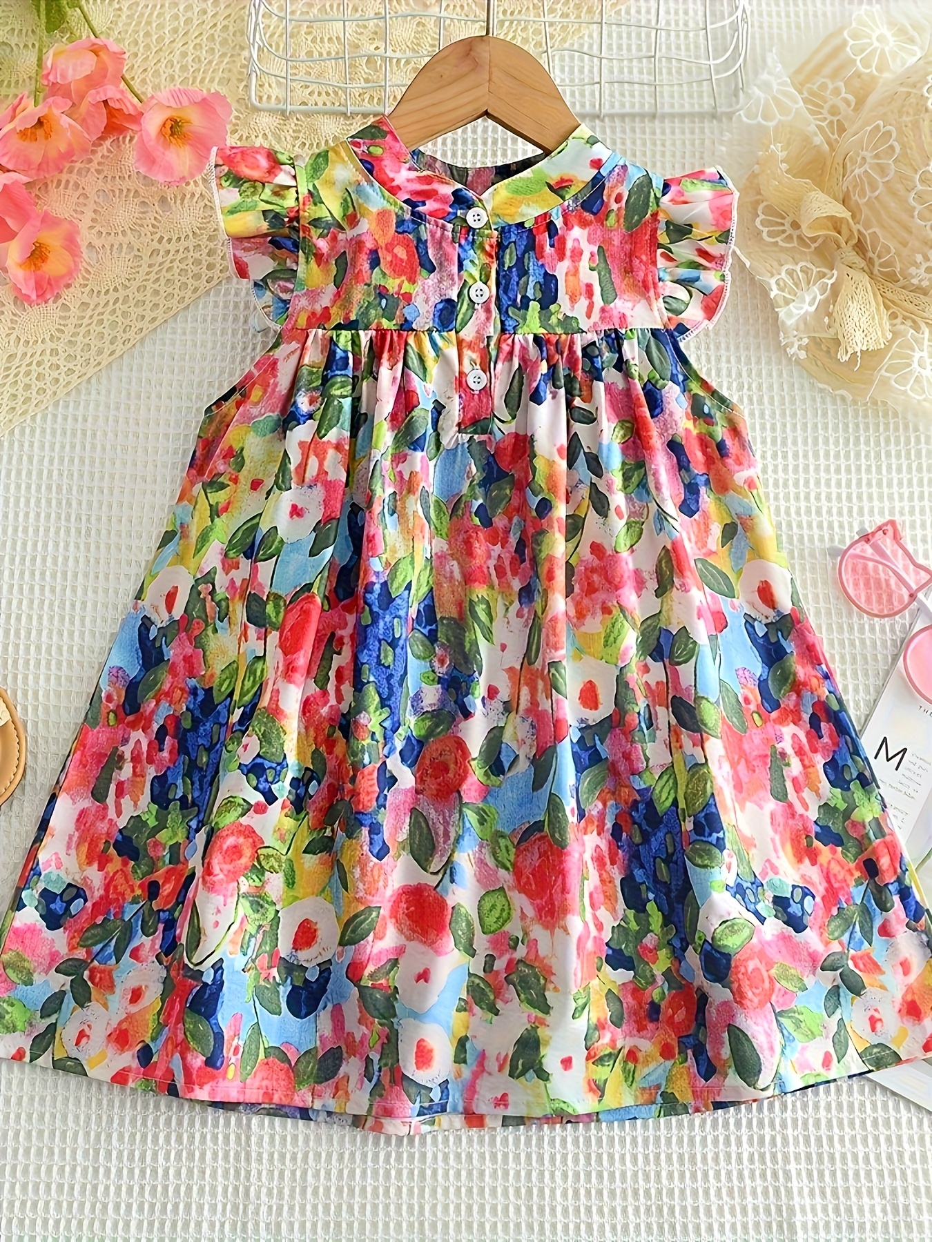 girls summer dress with   oil painting floral print   short sleeves contrast trim lightweight breathable fabric button front closure for casual playtime garden parties dresses for girls playtime outfit delicate detail design details 0