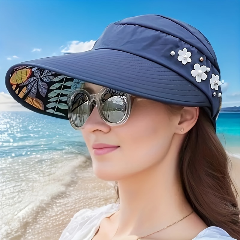 

1pc Beaded Flower Embellished Visor Hat, Stylish Solid Color Foldable Summer Sun Protection Cap With Uv Guard, Trendy Headwear For Women And Daily Use Outdoor Use