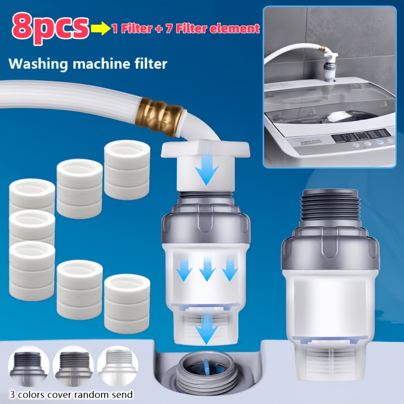 Juego de 8 piezas de filtro de agua de tres capas para lavadora, elemento filtrante de sedimentos de 50 micras con 7 núcleos de filtro reemplazables, antiatascos, filtro de agua de flujo directo para lavadora - Sistema de filtración de agua, color de la tapa aleatorio