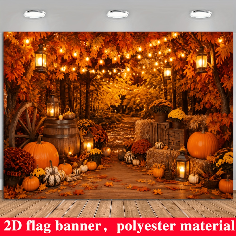 TEMU 2d Flat Flag, 2d Flat - 1pc 2d Flag, Themed Banner Background, Featuring Pumpkins, Leaves, Vintage-style Lanterns, Hay , And Autumn Flower