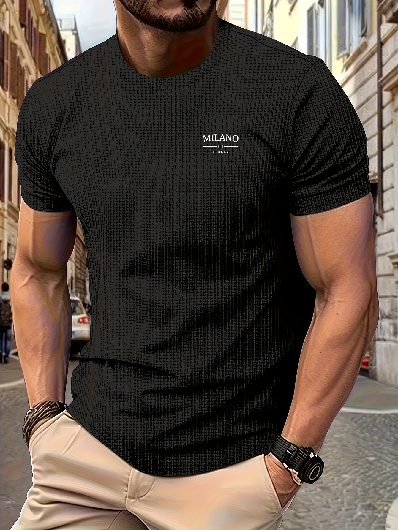 Men's Milan Print Short Sleeve Crew Neck T-Shirt, Breathable Nylon Blend, Comfortable Casual Top for Summer Outdoor Activities & Tennis Training