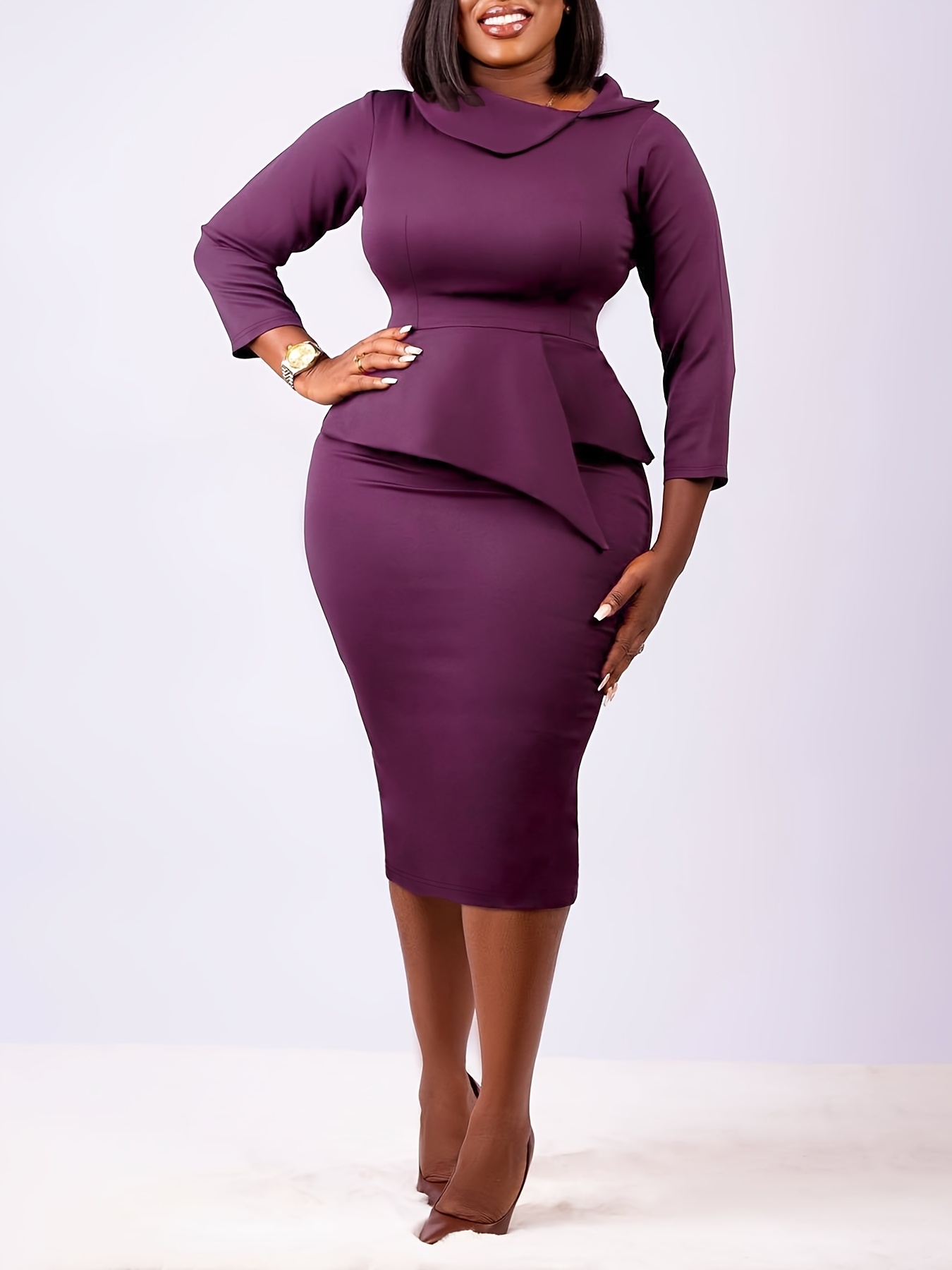 Women'S Midi-Length Dress, Eight-Sleeve Sleeves, Irregular Collar, Elegant And Comfortable to Wear, Irregular Waist And Lotus Leaf Trim Design on The Upper Body, Modifies The Figure And Shows The Proportions, Elegant to Wear