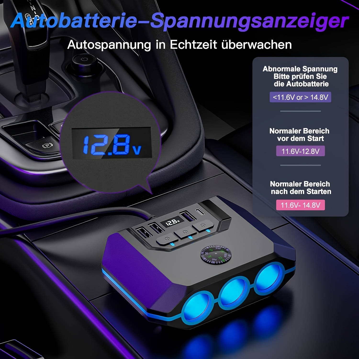 TEMU Car Lighter Splitter Charger Adapter 3 Socket Power Outlet 120w Usb 12v/24v Car Socket Outlet Splitter With Voltage Monitor Independent Switch For