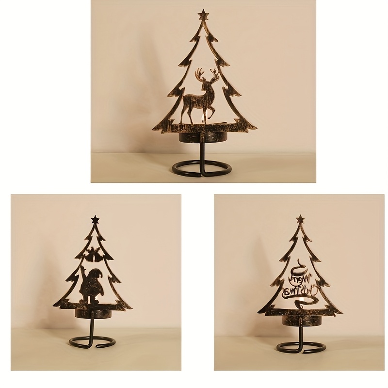 Image of 3pcs Christmas Tree Candle Holder Set, Metal Iron Reindeer And Vintage Style Tabletop Holiday Decor For Home, Office, Or Party Ambiance