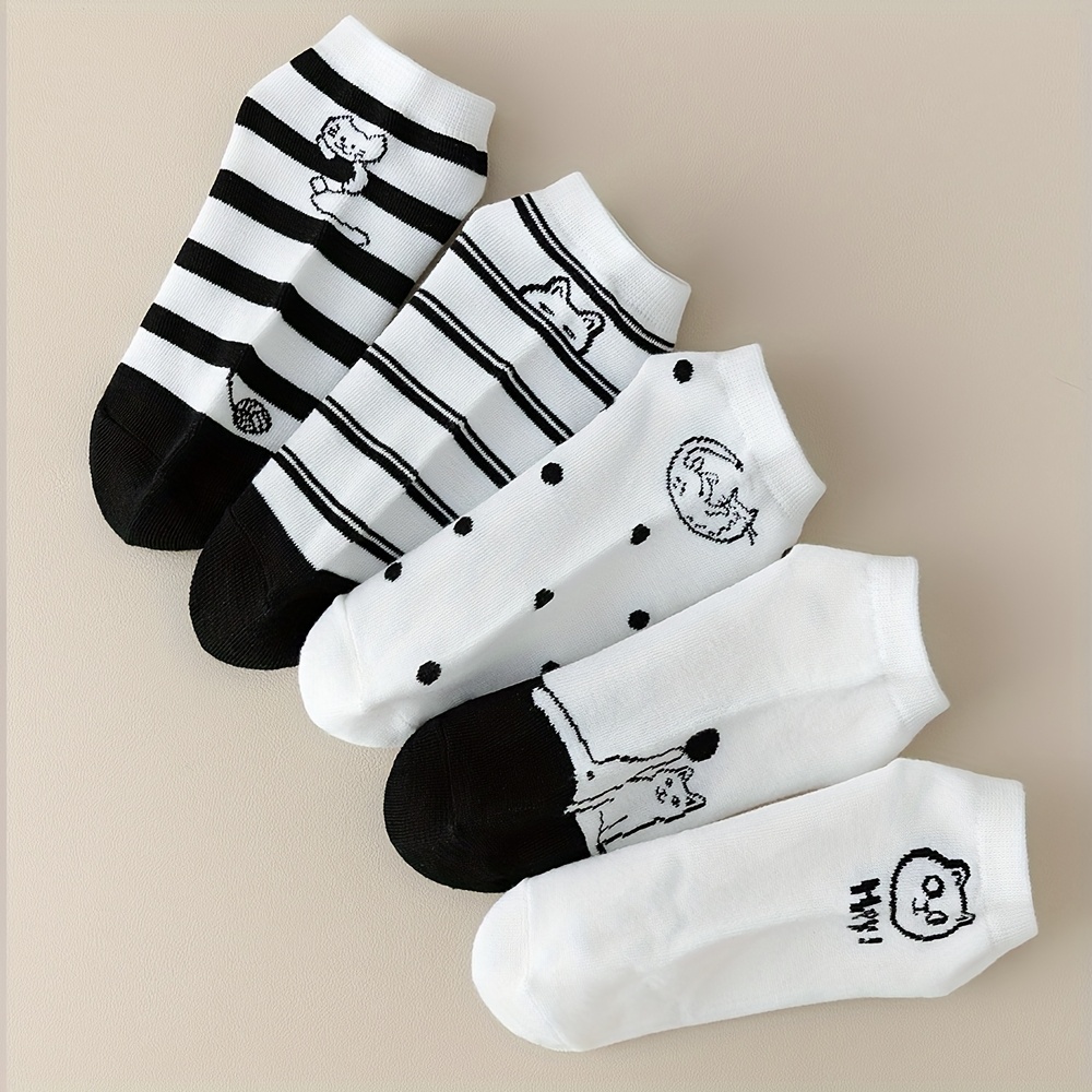 E-shop 4/5/8/10 Paar Socken für Damen mit süßer Katze / Schwarz & Weiß, Kawaii Mini Knöchelsocken, lustige, neuartige, lässige kurze Socken