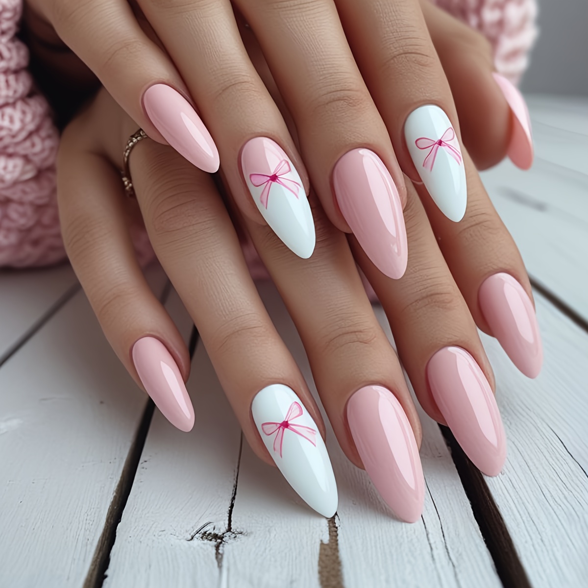 TEMU Upgrade Your 24pcs Medium-length Almond-shaped Pink Red Bow Pattern Press-on Nails & 1 Nail File & 1 Jelly Self-adhesive Sticker