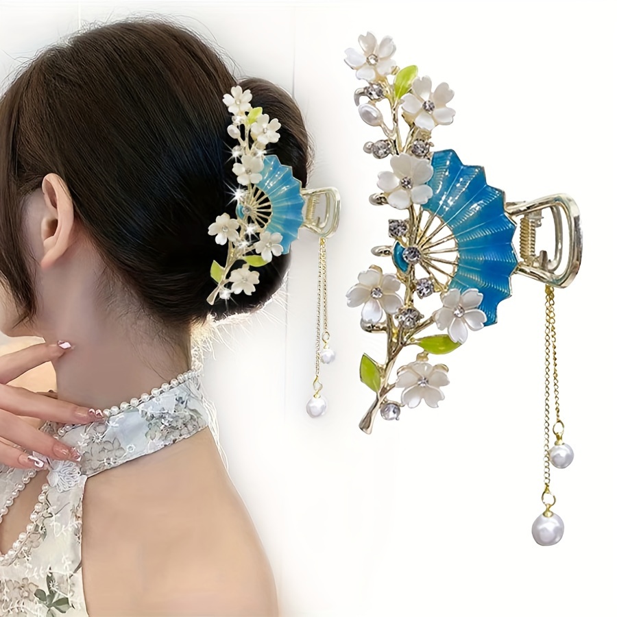 

Vintage Style Chinese Hair Claw Clip - Elegant With Pearls And Rhinestones, Zinc Alloy Hair Accessory In Blue