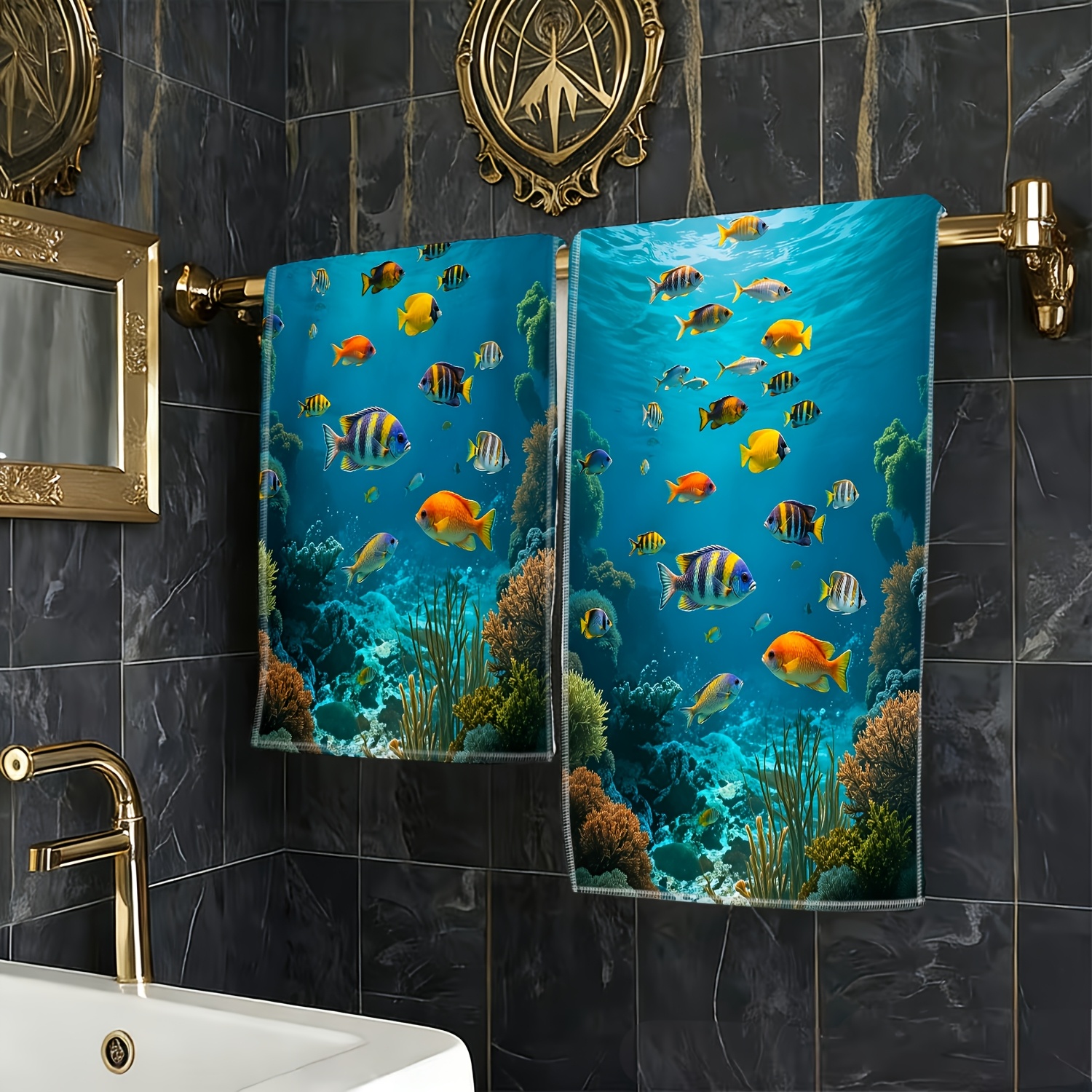 TEMU 1pc Colorful Fish School Swimming Themed Pattern Printed Towel - Soft Absorbent Kitchen-bathroom Towel, Decor, Housewarming Gift, Holiday