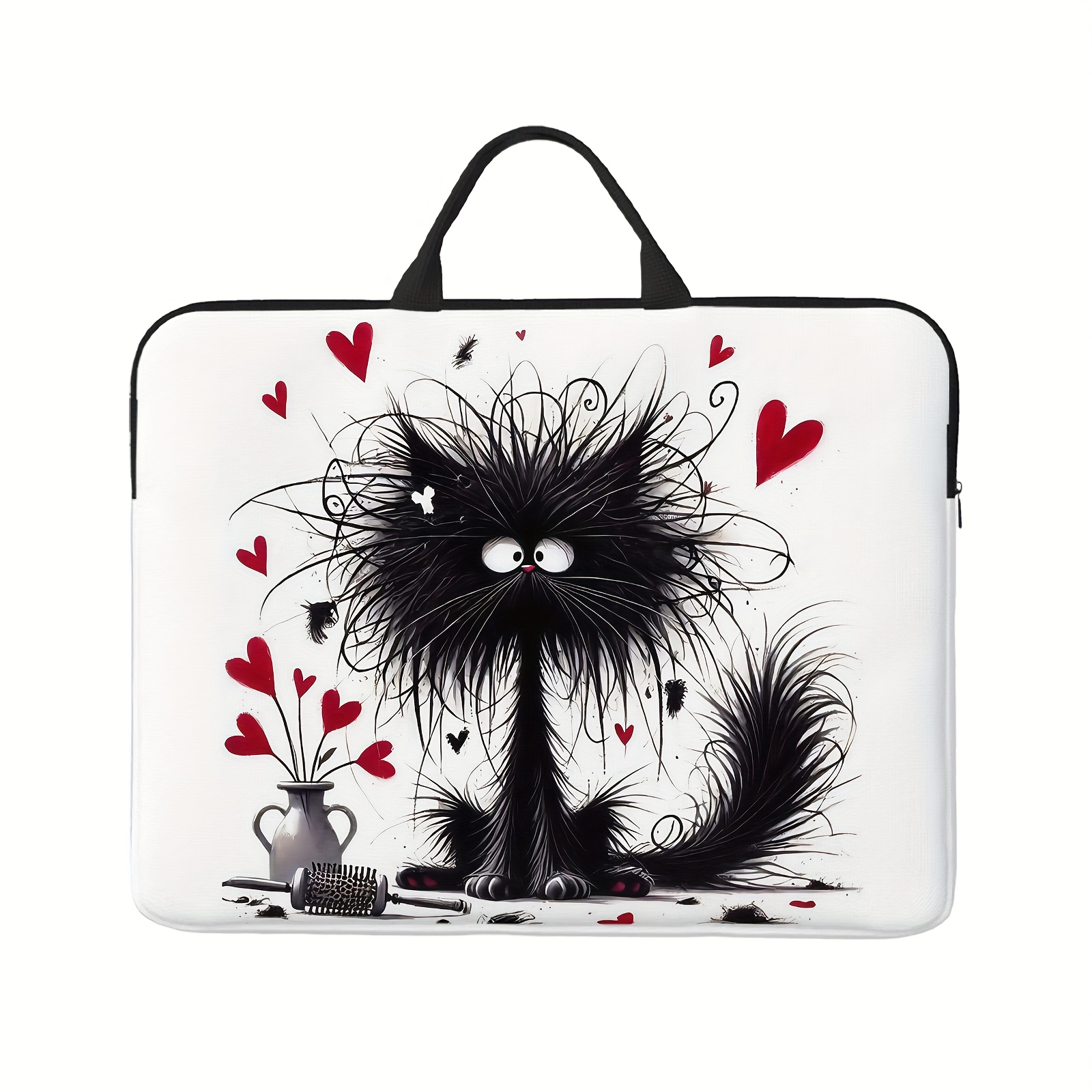 TEMU Single-piece Laptop Bag/protective Sleeve, Black Cat Surrounded By Hearts, Contrasting Cute Portable Large-capacity Laptop/tablet Carry Bag And
