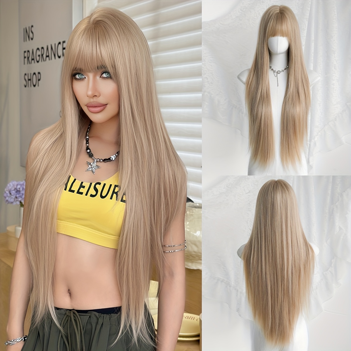 Image of Synthetic Wigs Long Straight Light Golden Wigs With Bangs High Layered Density Beige Wigs For Women Daily Party Use Carnival Music Festival Beginner Friendly 28 Inches