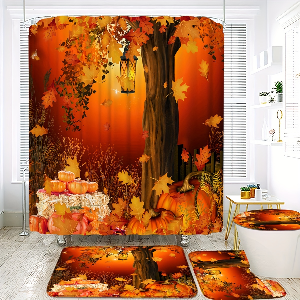 

Fall Bathroom Set Water- Bath , Rug, U-shaped Mat, Toilet Lid , - Theme Decor , Thanksgiving