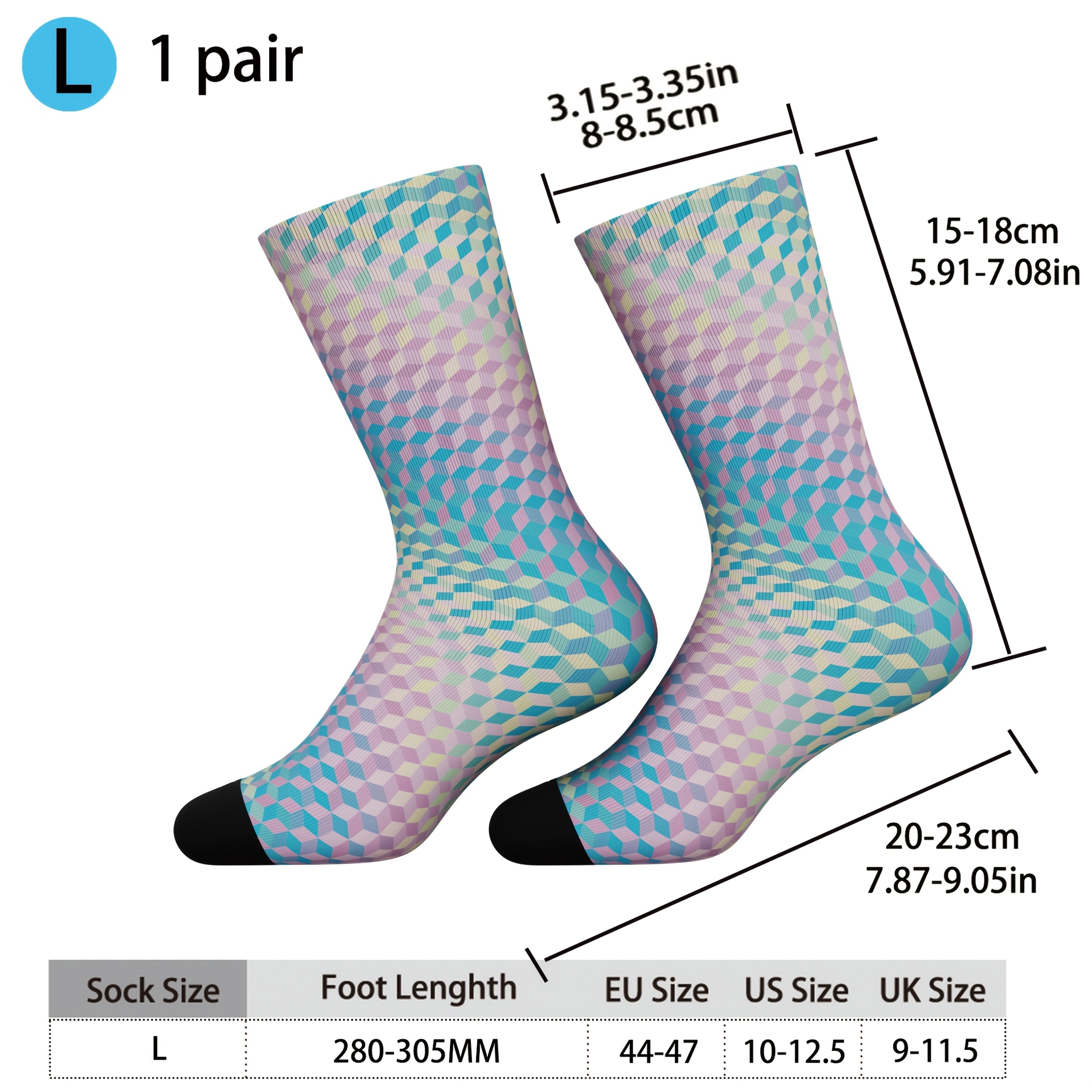 TEMU 1 par de calcetines para hombre media pantorrilla con estampado de cubos 3D - Estilo Harajuku/Hip- diseño de cubos de cuerpo completo, sin