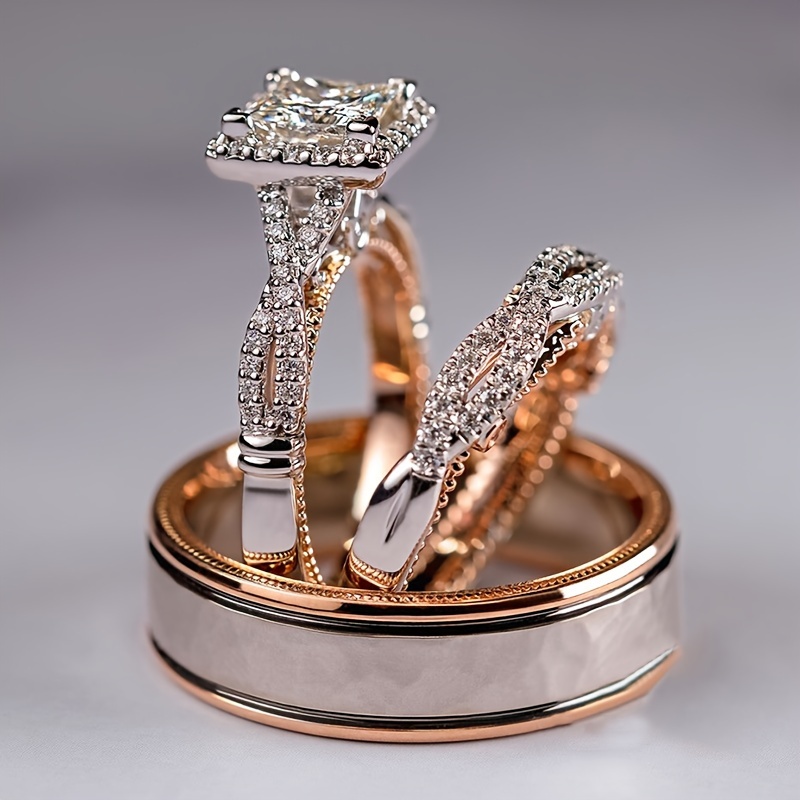 

Hot 3pcs Ring Set Rose Golden Sparkle Zircon Ring European And American Engagement Ring