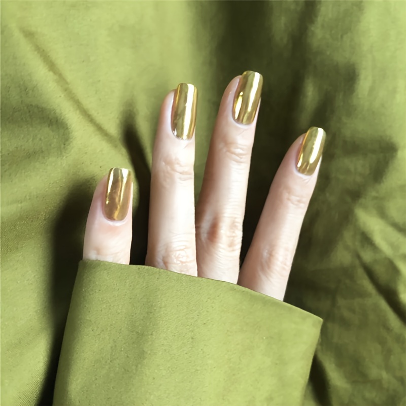 24pcs medium aurora golden press on nails metallic mirror effect fake nails full cover false nails for women and girls details 1