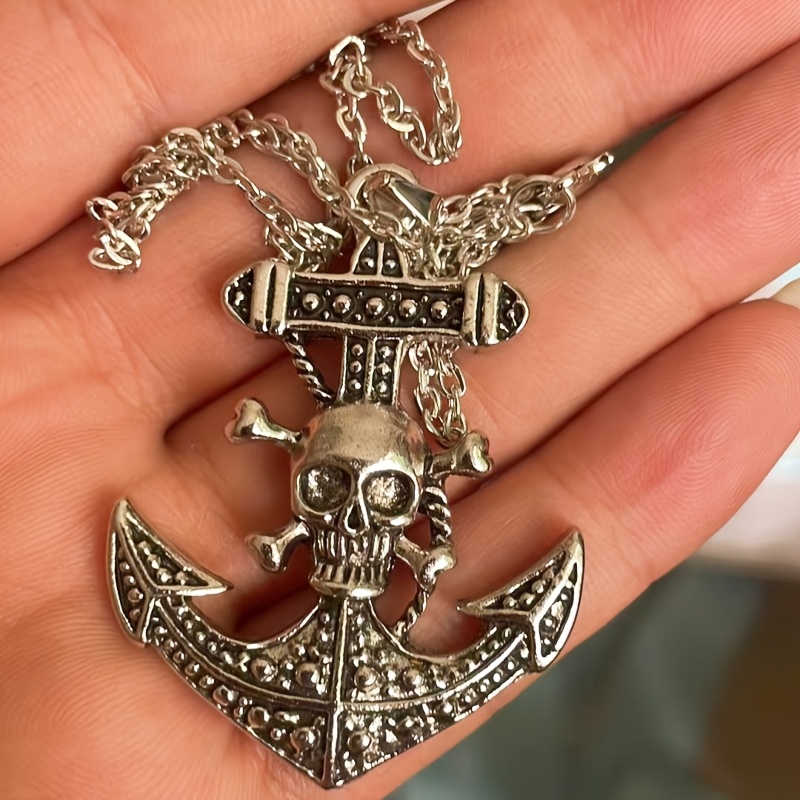 TEMU 1 Elegant Pirate Ship Necklace Pendant, Skull And Anchor Decorative Pendant, Stainless Steel Chain Necklace, Party Gift, Birthday Gift For Men