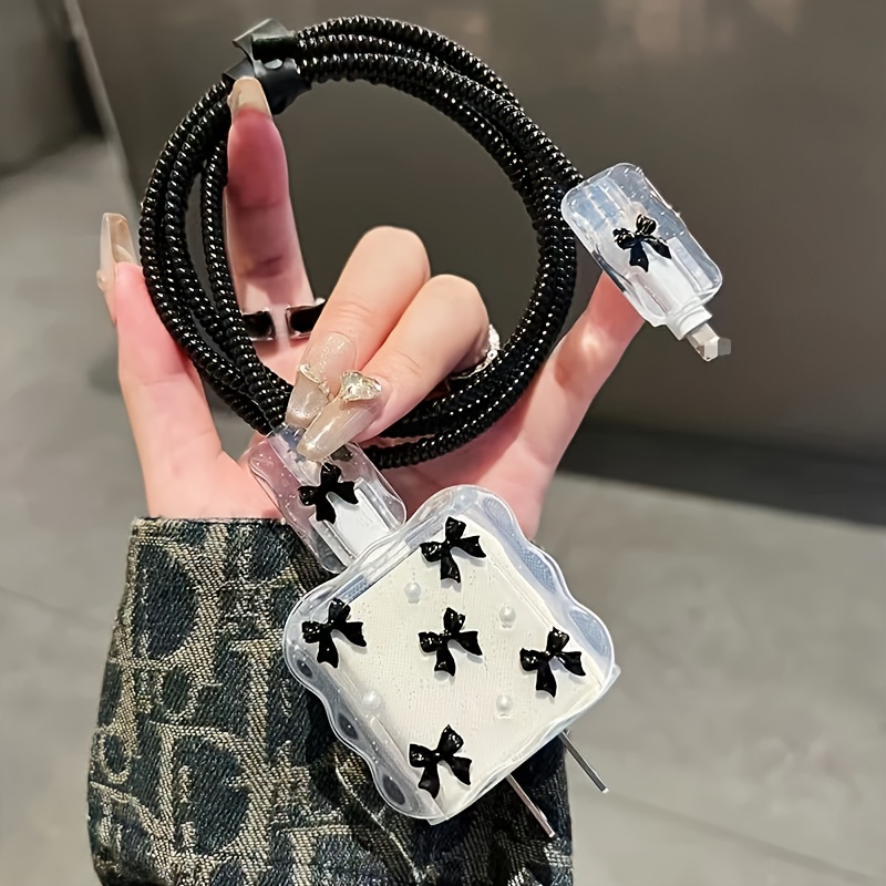 TEMU Juego de 5 fundas protectoras transparentes negras con para cargador, organizador enrollador de cables para cargador y cable de de iPhone