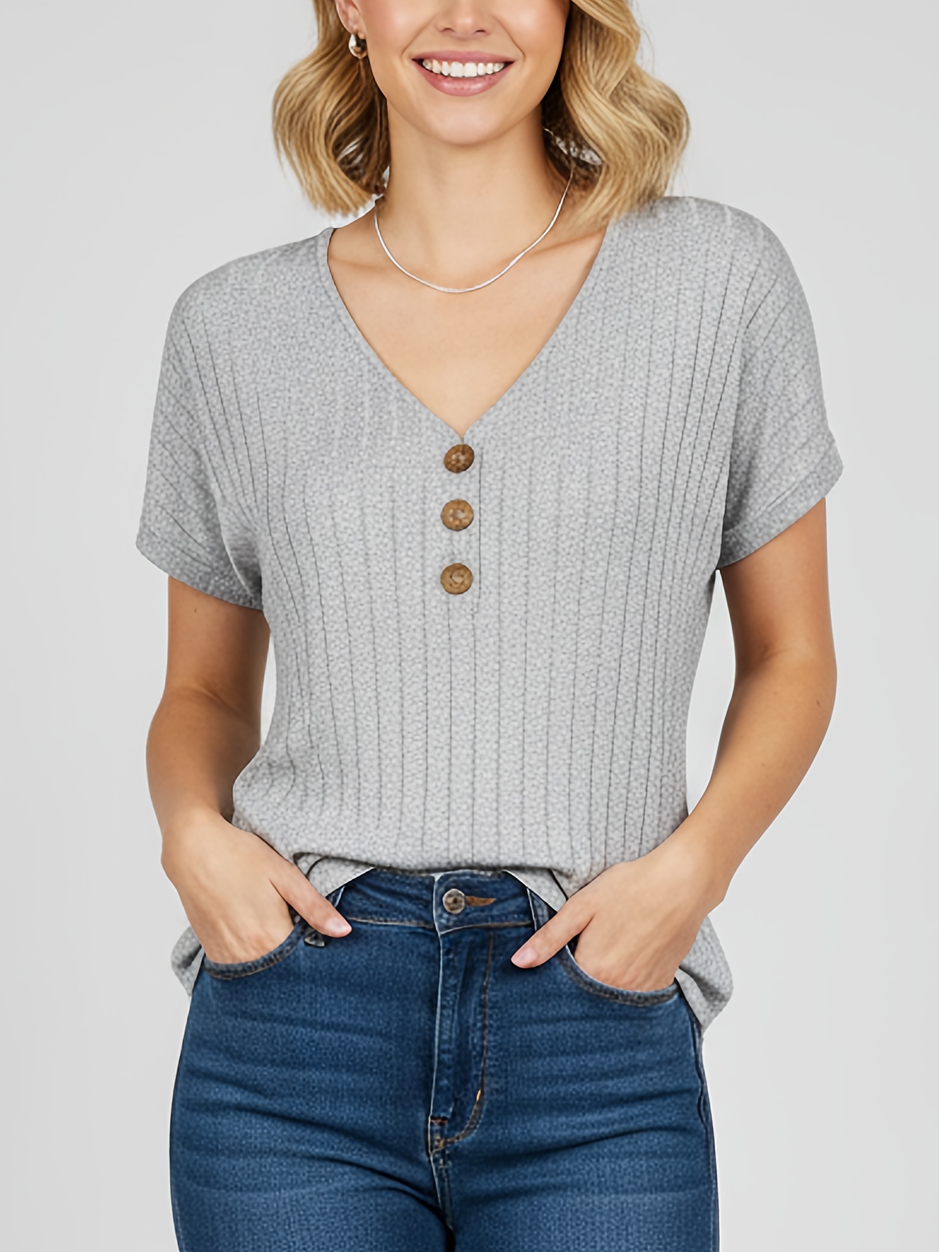 Spring/Summer Women's V-Neck Button- Elegant Short-Sleeve Top with Perforated Pattern